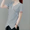 Fashion Casual Women Short Sleeve Irregular Shirt V Neck Stripe Tops Blouse