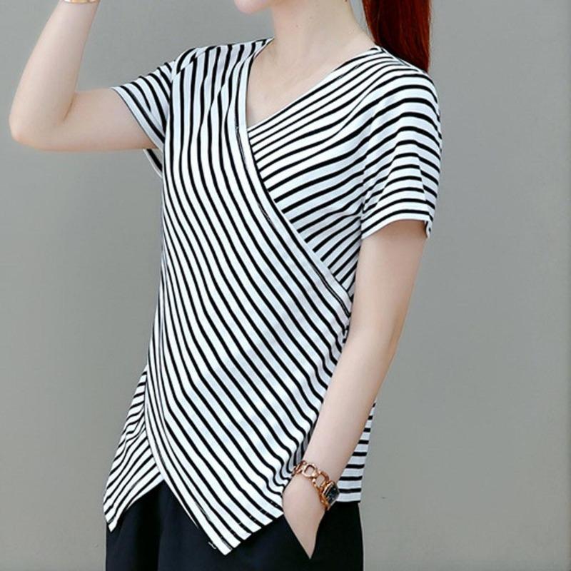 Fashion Casual Women Short Sleeve Irregular Shirt V Neck Stripe Tops Blouse
