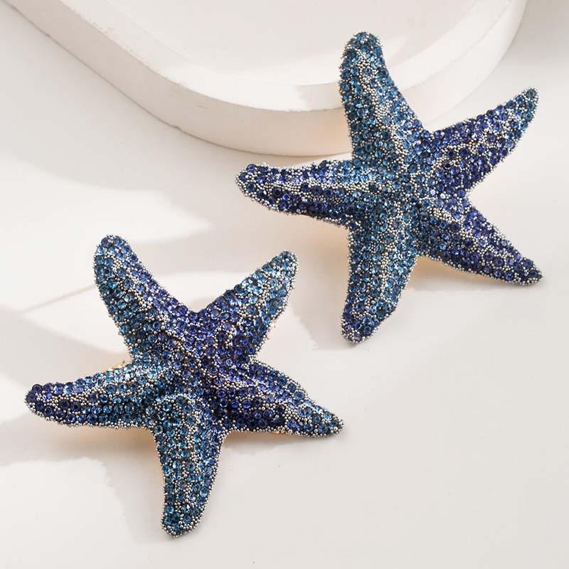 Romantic Blue Rhinestone Large Starfish Metal Earrings for Women Bohemian Fresh Stud Earrings Ocean Style Beach Jewelry Gifts