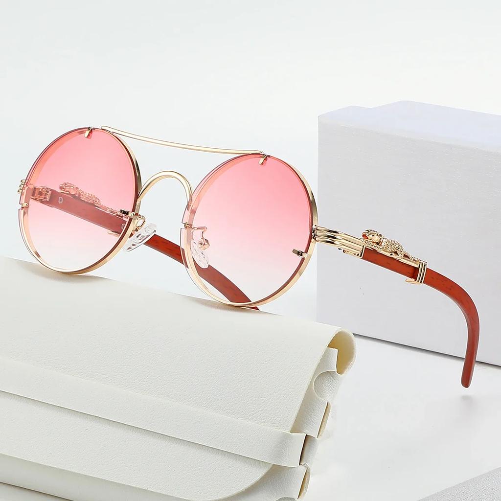 New Fashion Round Double Beam Leopard Head Men'S Sunglasses Luxury Metal Frame Women'S Multi Color Outdoor Travel Sunglasses