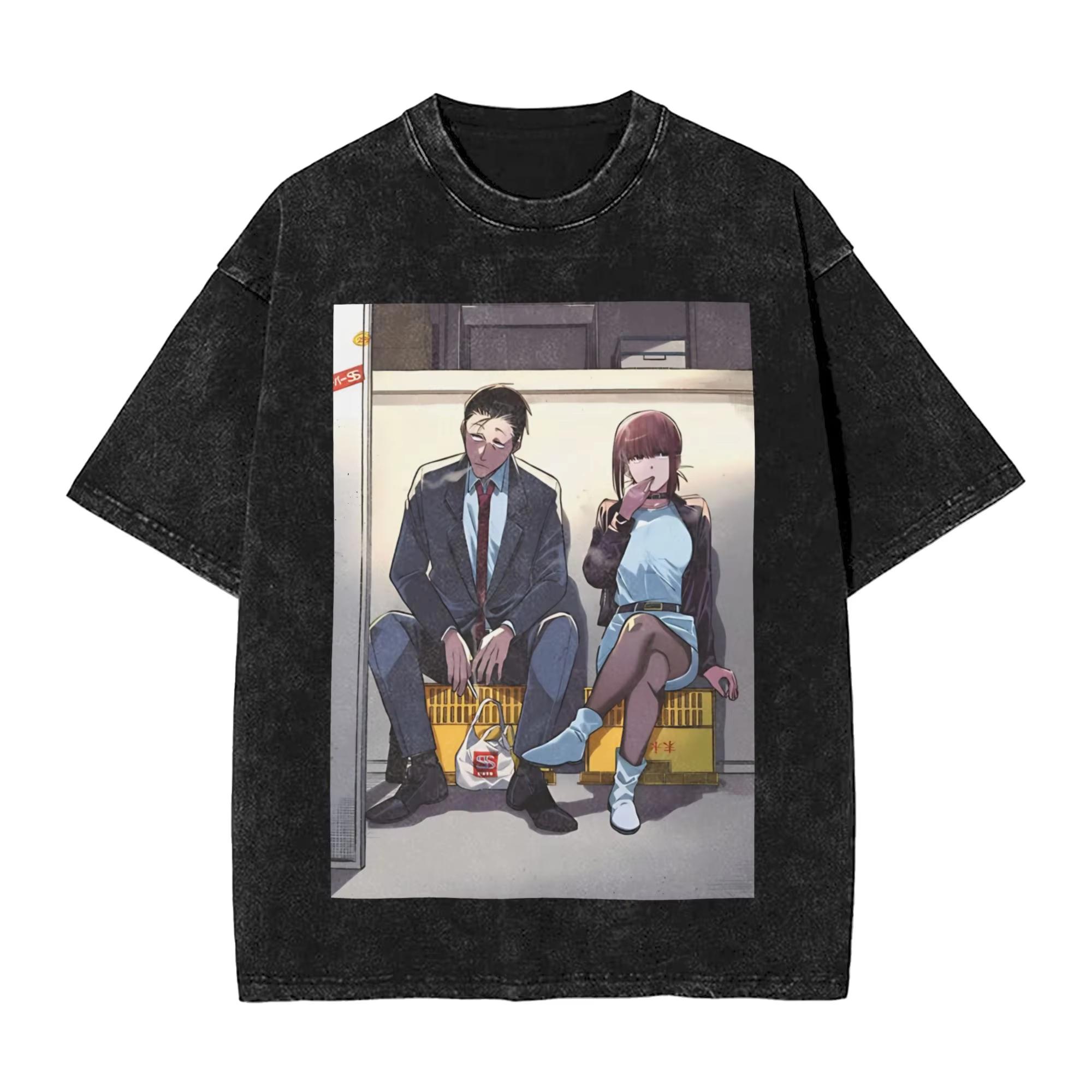 Anime-Thema „Mit dir hinter dem Supermarkt rauchen“ Streetstyle Gewaschenes Unisex-Kurzarm-Sommer-T-Shirt für Damen und Herren L