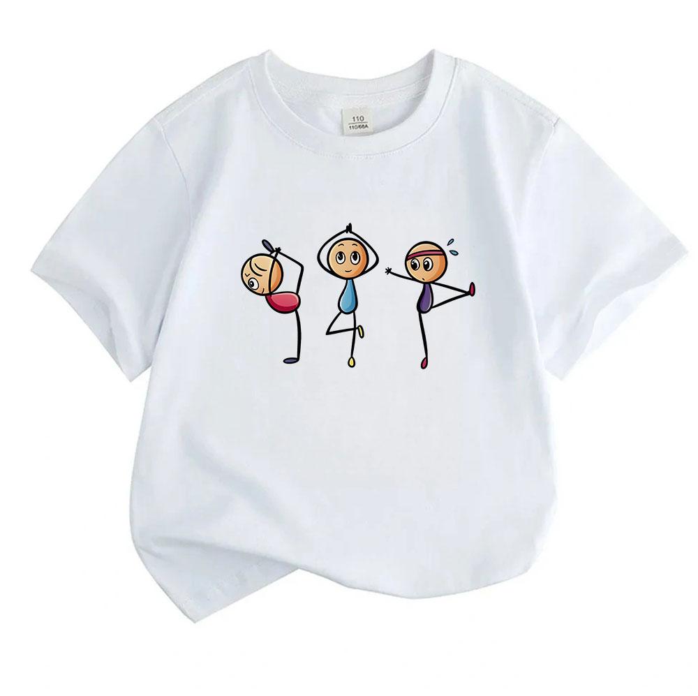 Kids Boys Girls 100% Cotton Crew Neck Short Sleeve T-Shirt, Cute Stick Figure Gym Workout Yoga Cartoon Print Casual Soft Breathable Summer Tee for Spo