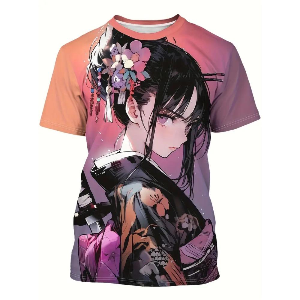 2026 Men's Anime Samurai Girl 3D Printed Fashion T-Shirt for Adults-Street Trend Style Short-Sleeved
