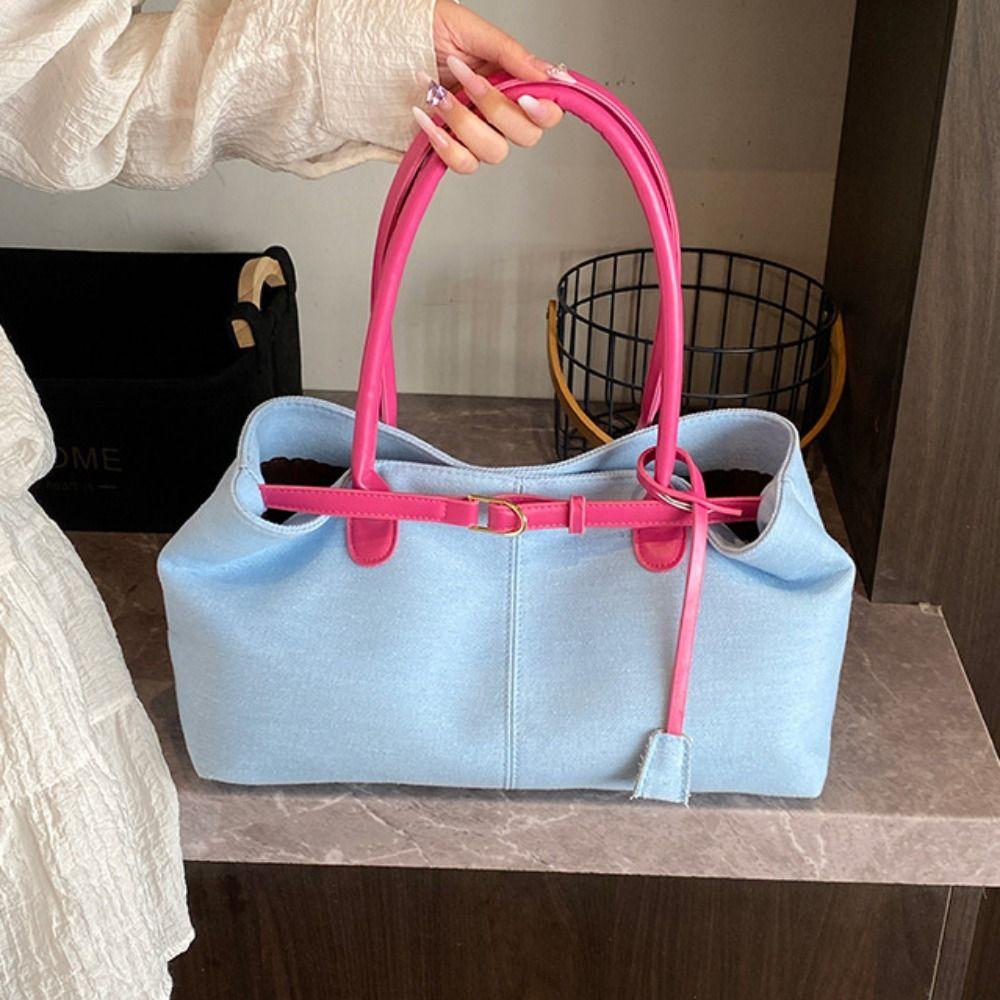 Patchwork Color Vintage Armpit Bag Hasp Closure Casual Tote Bag Denim Shoulder Bag Students