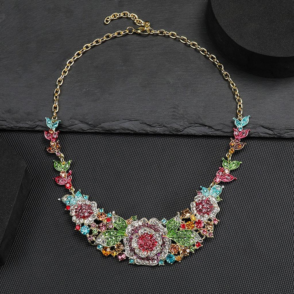 3pcs Luxurious Flower Rhinestone Bridal Zircon Set Exquisite Heavy Industry Dance Party Necklace Earring Decoration