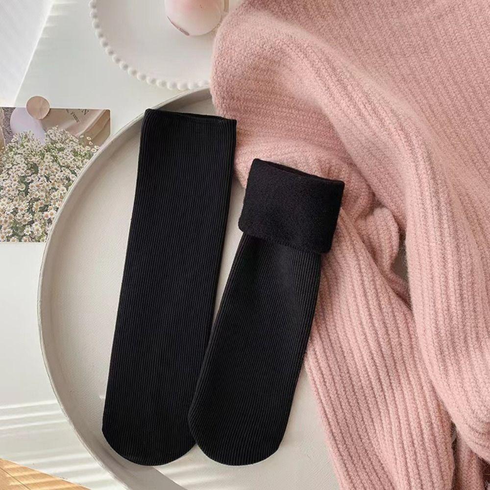 5Pairs Solid Color Thicken Warm Socks Stripe Winter Socks Women Thermal Mid Length Socks  Hosiery
