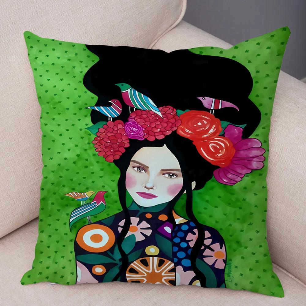 Fashion Abstract Girl Pillowcase Soft Plush Decor Cartoon Flower Lady Cushion Cover for Sofa Home Throw Pillow Case 45x45cm