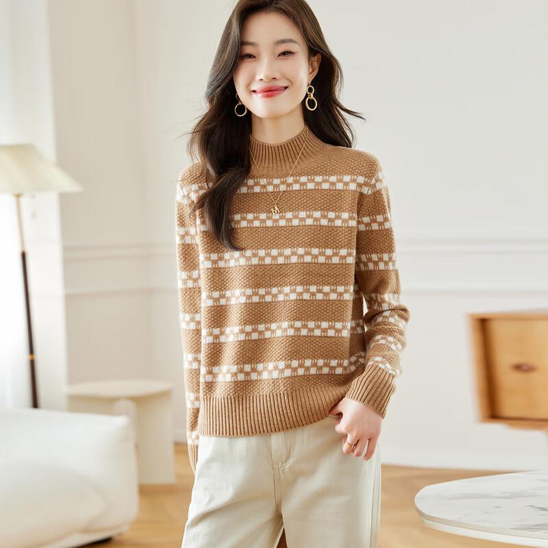 Women's Striped 100% Wool Semi-High Neck Sweater