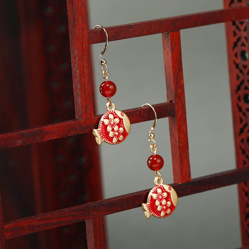 Niche Design Red Flower Earrings Retro Ethnic Style Temperament Versatile Jade Earrings Chinese Style Earrings Women