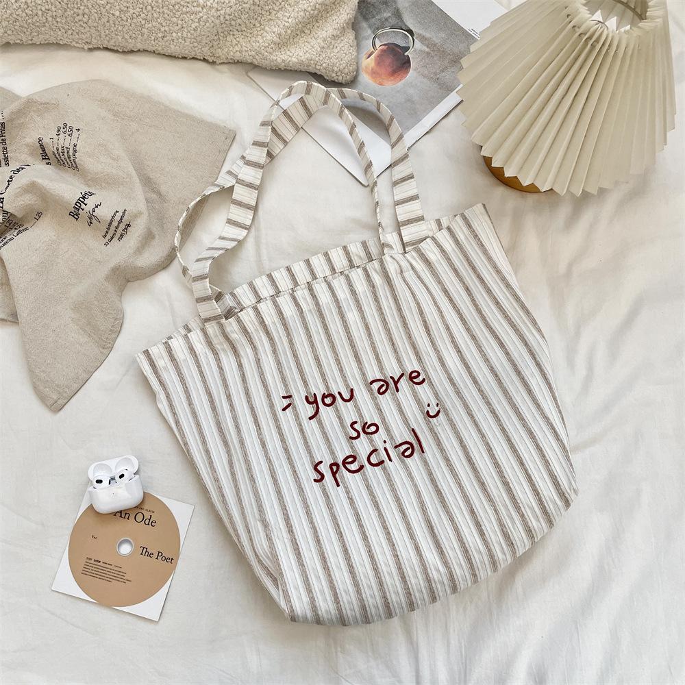 New Smiley Face Letter Embroidery Striped Shoulder Canvas Bag Large Capacity Shopping Bag