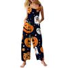 Women Sleeveless Jumpsuit Halloween Print Cotton Casual Loose Fit Wide Leg Romper Pocketed Overall Pants