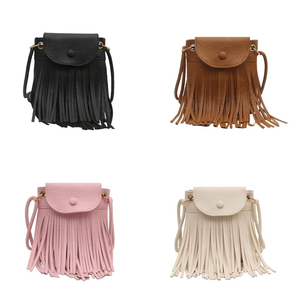 Color Tassel Solid Vintage Pu Water Bucket Handbag Fringe Details Women Fashion