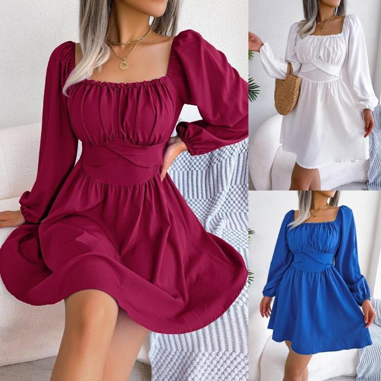 Women Summer Dress High Waist Swing Solid Color Square Neck Wood Edge Spring Fashion Big Flowy