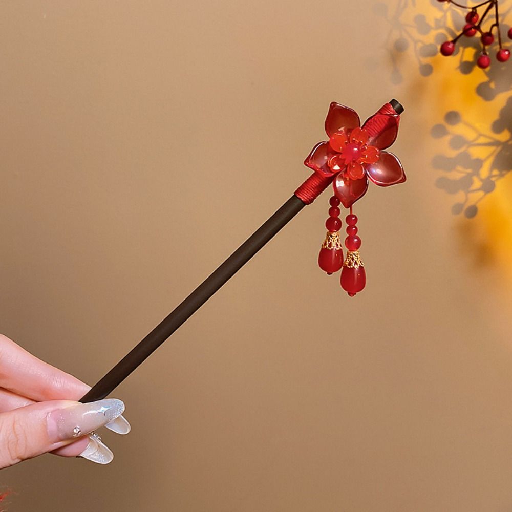 Red Hanfu Hairpin Tassel Wooden Hair Stick Classical   Hanfu Accessories