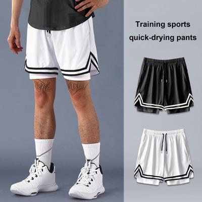 Men Summer Sports Shorts Drawstring Elastic Waist Loose Fake Two-piece Quick Dry Hollow Mesh Soft Breathable Men Basketball Jogging Short Pants