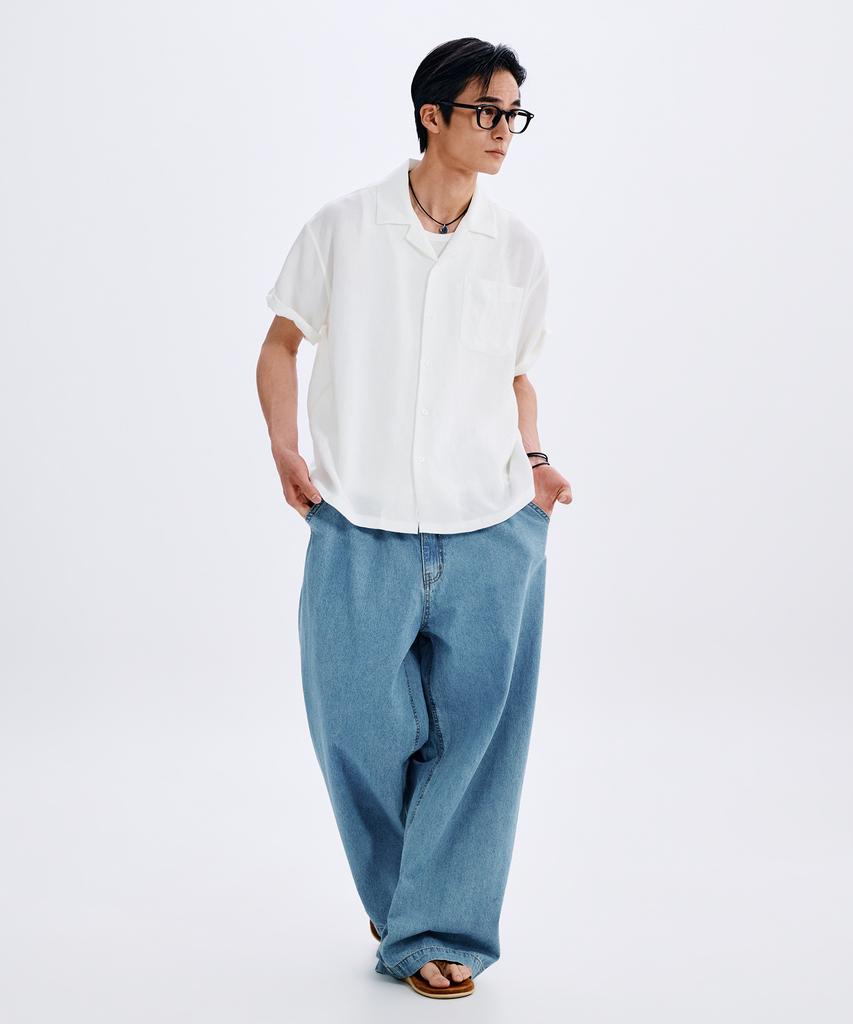 TAKEASY Linen-Like Roll-Up Half Shirt (White)