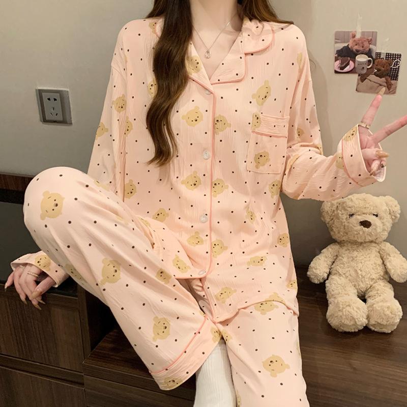 Girl Sweet Long-Sleeved Pajamas Women'S Spring Bow Trousers Lazy Loungewear Can Be Worn Outside Set