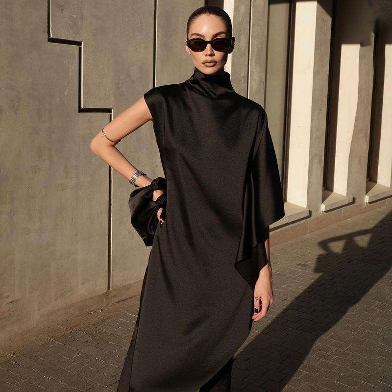 2025 Fall Women's Solid Color Semi-High Neck Asymmetric Hem Loose Bodycon Dress