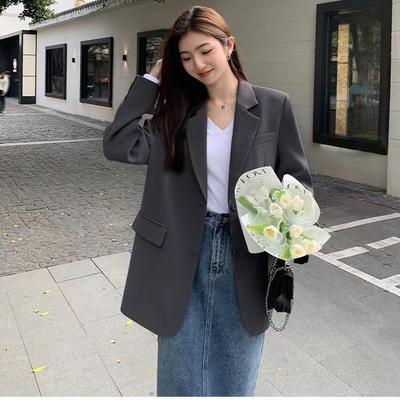 Gray Blazer for Women Spring and Autumn New Style Loose Casual Suit with Slits