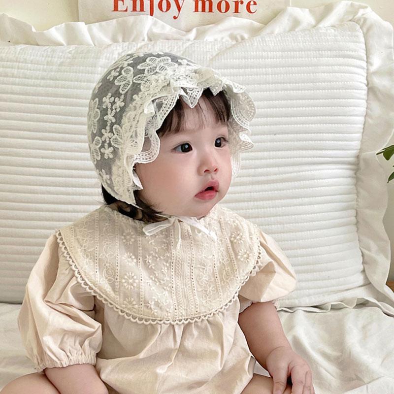 Lace Flower Baby Hat Embroidered Floral Ruffle Princess Bonnet Newborn Photography Props Sweet Infant Girls Mesh Sun Cap