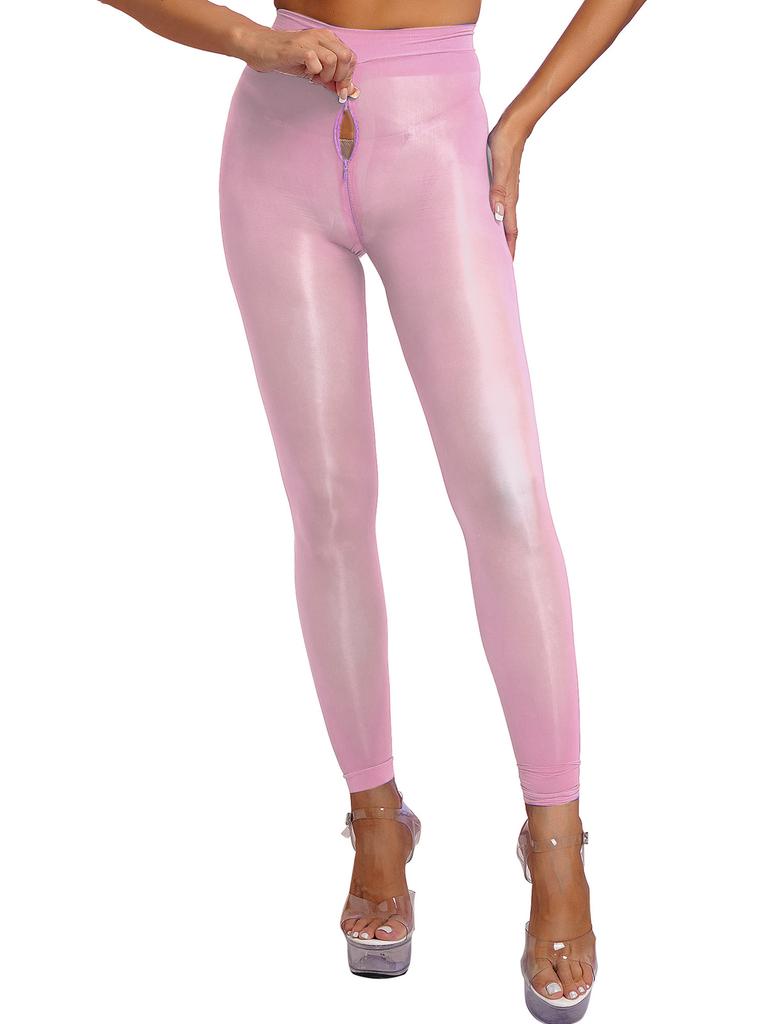 Womens Solid Color Skinny Leggings Glossy Sheer Tights Pantyhose Stretchy Zipper Crotch Tights Pants Stockings See-through