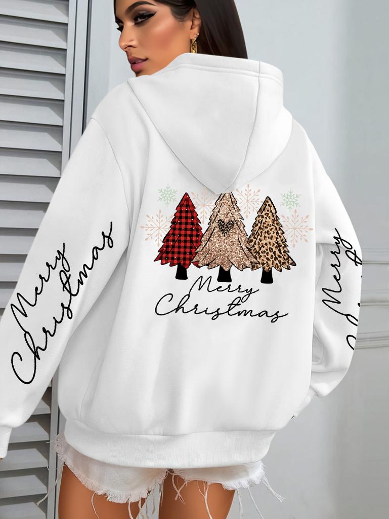 Merry Christmas Leopard Plaid Trees Pattern Hoodies Women Hip Hop Autumn Hoodie Pocket Loose Streetwear Fleece Y2K Pullovers