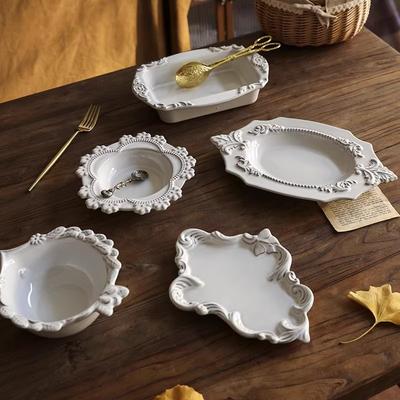Creative Ceramic Plate Korean Style Floral Shape Relief Porcelain Dinnerware Cake Dessert Snacks Fruit Plates Kitchen Supplies