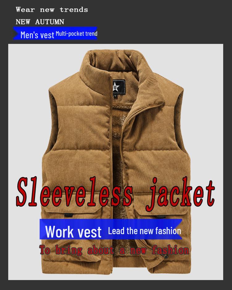 Men's Thickened Corduroy Vest - Fleece Lined, Stand Collar, Sleeveless, Plus Size, Warm Workwear Coat for Autumn/Winter