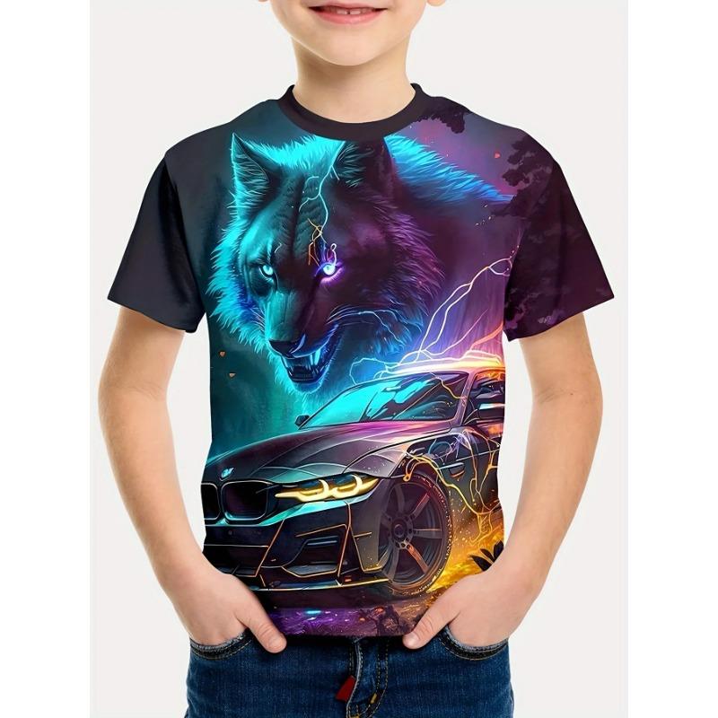 Summer Round Neck 3D Printed Wolf Pattern Top Fashionable Casual Cool Short Sleeved Children's Boy T-shirts