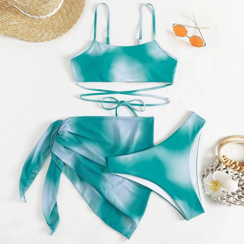 Tie Dye Halter Bikini Female Swimsuit Women Swimwear 3 Pieces Bikini Set with Sarong Bather Bathing Suit Swim