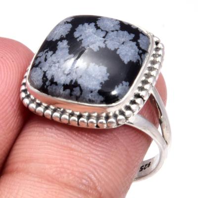 Přírodní drahokam Obsidián vločkový Ručně vyrobený prsten ze sterlingového stříbra 925 S.7 a8m13