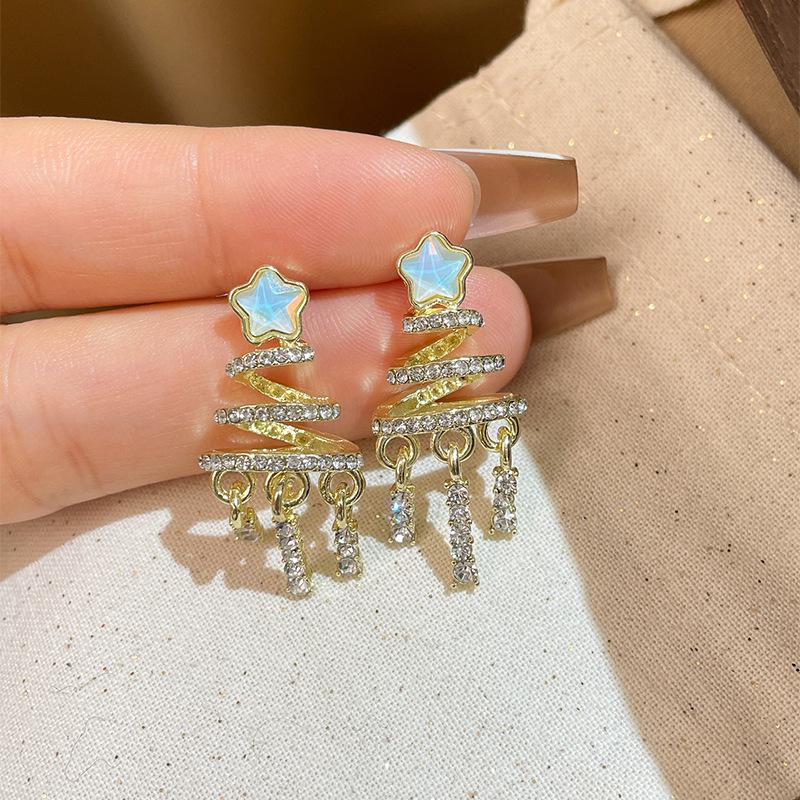 Exquisite Christmas Star Tassel Diamond Sterling Silver Earrings