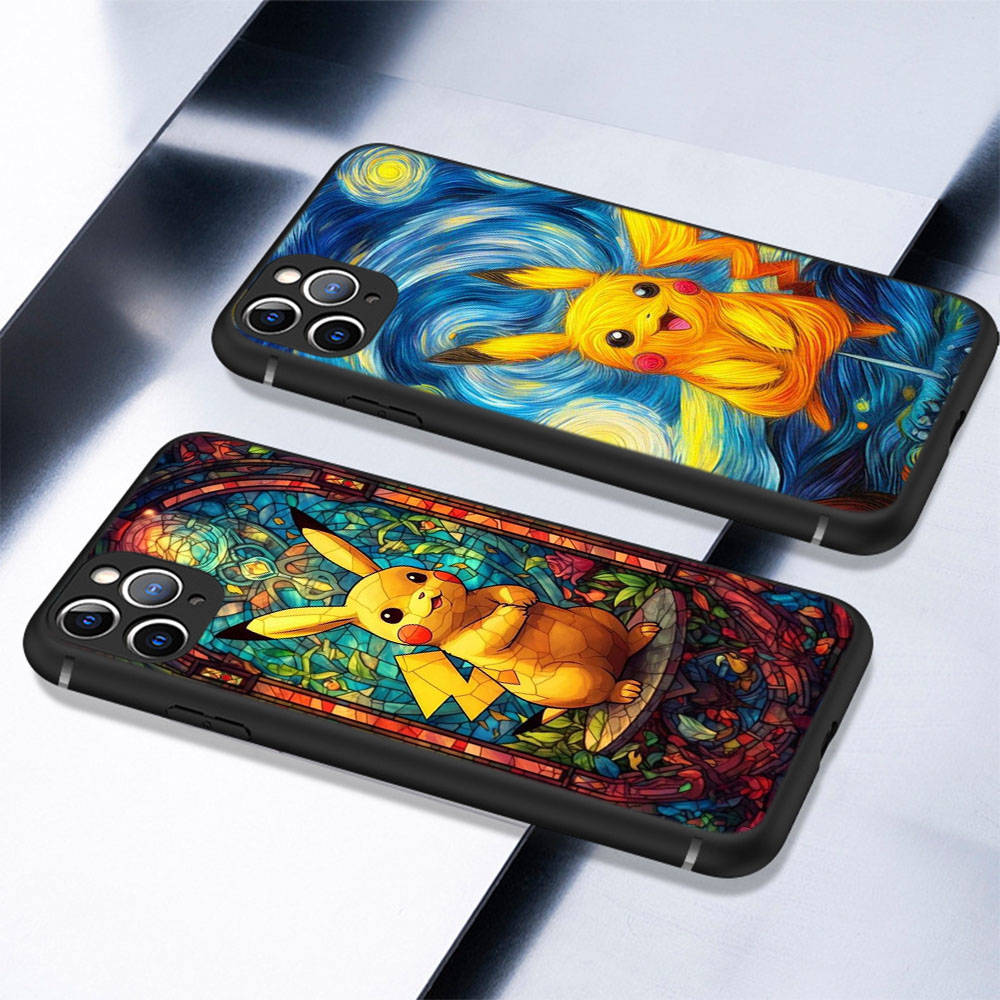 CT56 Pikachu Hülle für iPhone 16 15 Plus 14 13 12 11 Pro 8 7 6S 6 SE 5S X XR XS Max Realme C30 C33 C31 9I Huawei P30 Schwarze Sofe-Hülle