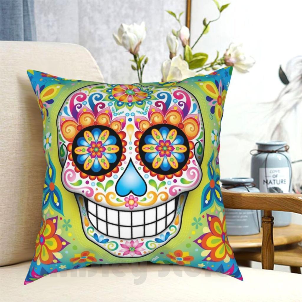 Colorful Sugar Skull Day Of The Dead Art Pillow Case Printed Home Soft Throw Pillow Sugar Skull Day Of The Dead Dia De