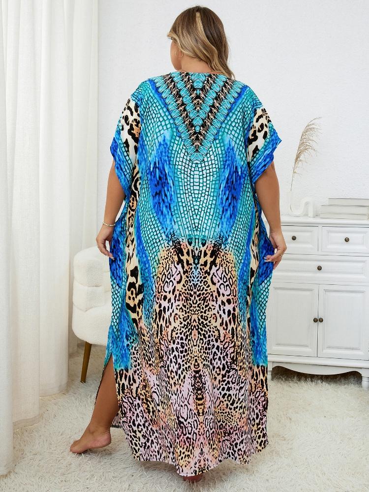 EDOLYNSA Blue Leopard Print Women's Kaftan Oversized Bohemian Printed Long Dress Lounge Snazzy Boho Party House Dress Summer Wear Q1415