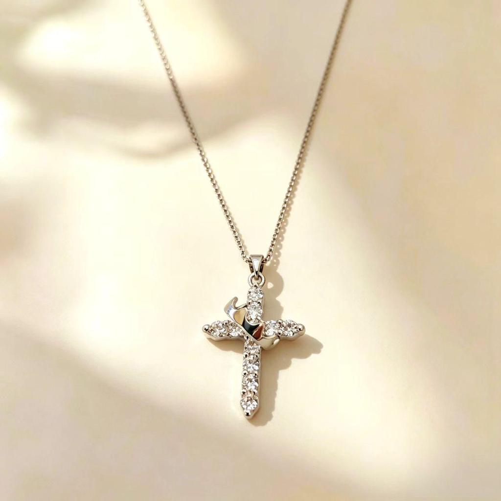 Crown Cross Pendant Necklace - European/American Style, Unique Rotating Circle Design, Luxury Minimalist Collarbone Chain