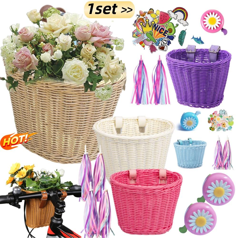 4pcs/Set PE Rattan Wicker Bicycle Front Basket+Bell+Tassel+Stickers Adjustable Handwoven Kid Adult Bike Handlebar Accessories