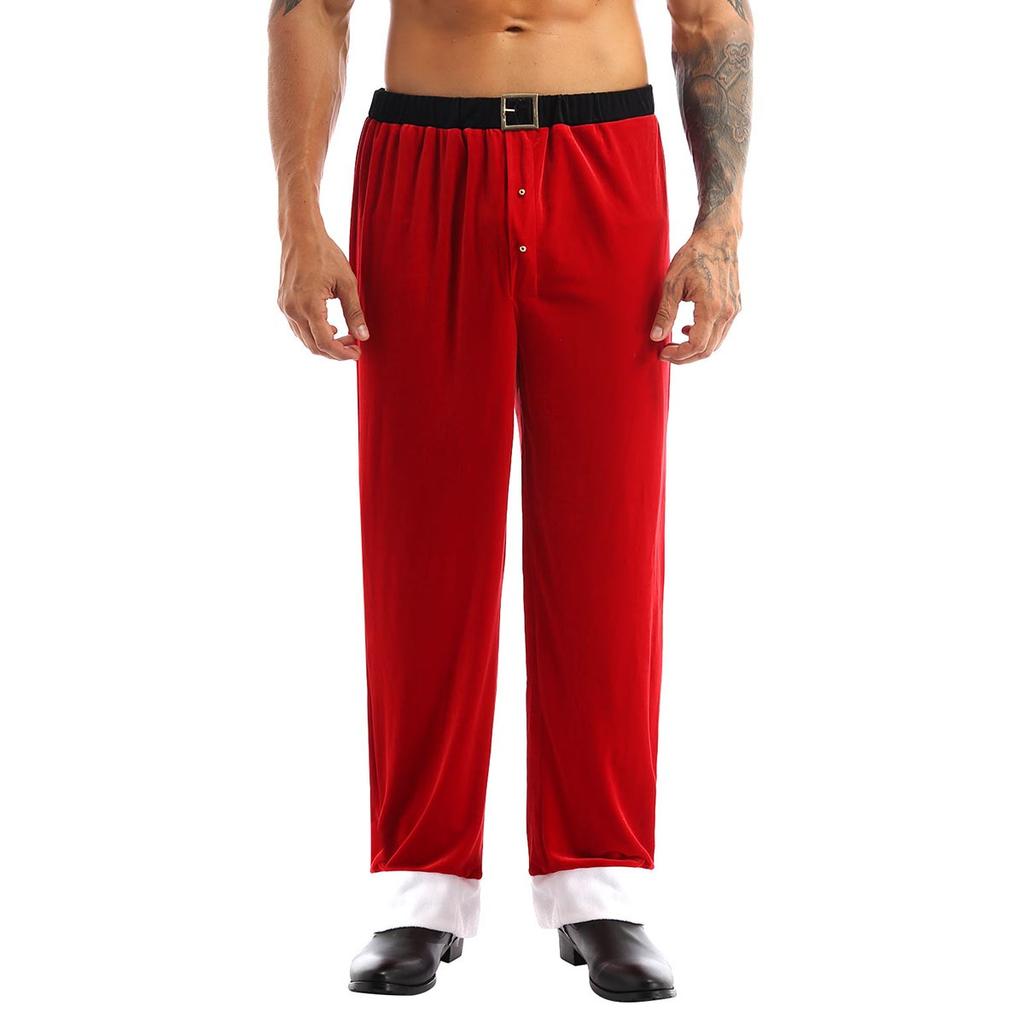 Mens Santa Claus Pants Christmas Cosplay Costume Red Soft Velvet Long Loose Trousers