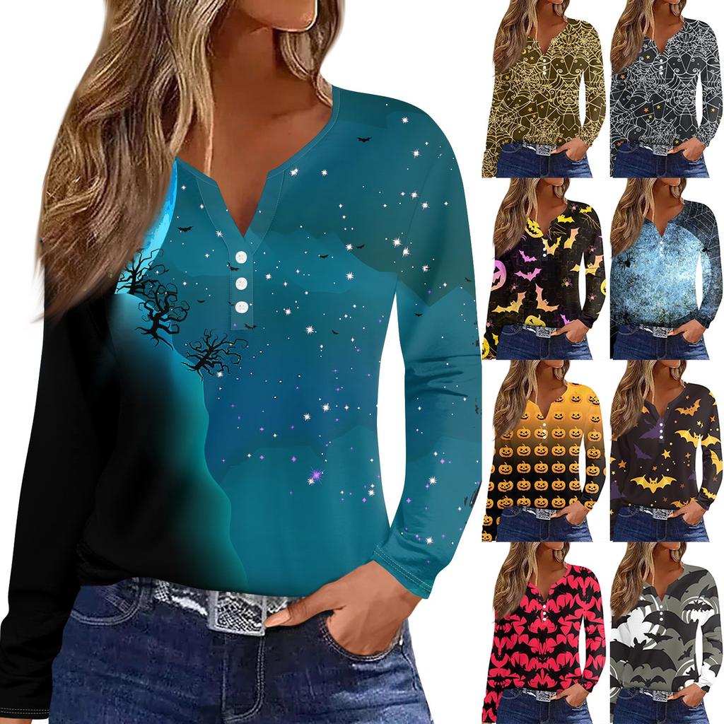 Women's Fashion Casual Floral Halloween Print V Neck Long Sleeved Button Up Long Sleeved Top
