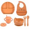 7pcs/set Baby Silicone Tableware Cartoon Printed Bibs Sucker Bowl Plate Cup Spoon Fork Sets Non-slip Children's Dishes BPA Free