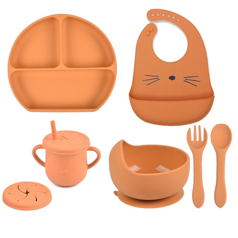 7pcs/set Baby Silicone Tableware Cartoon Printed Bibs Sucker Bowl Plate Cup Spoon Fork Sets Non-slip Children's Dishes BPA Free