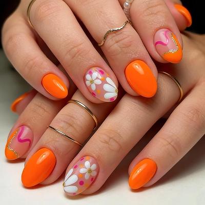 24-Piece Glossy Gold Glitter Polka Dot Flower False Nails - Short Oval Design