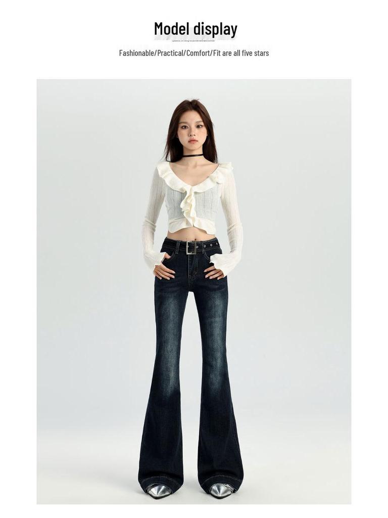 Women's Stretchy Blue-Gray Retro Micro-Flare Jeans with Belt