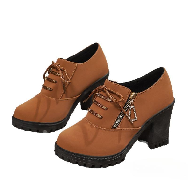 Blockabsatzschuhe, Kurze Stiefel, Damen Retro Rundspitze, Übergröße Hochstiefel, Schnürstiefel