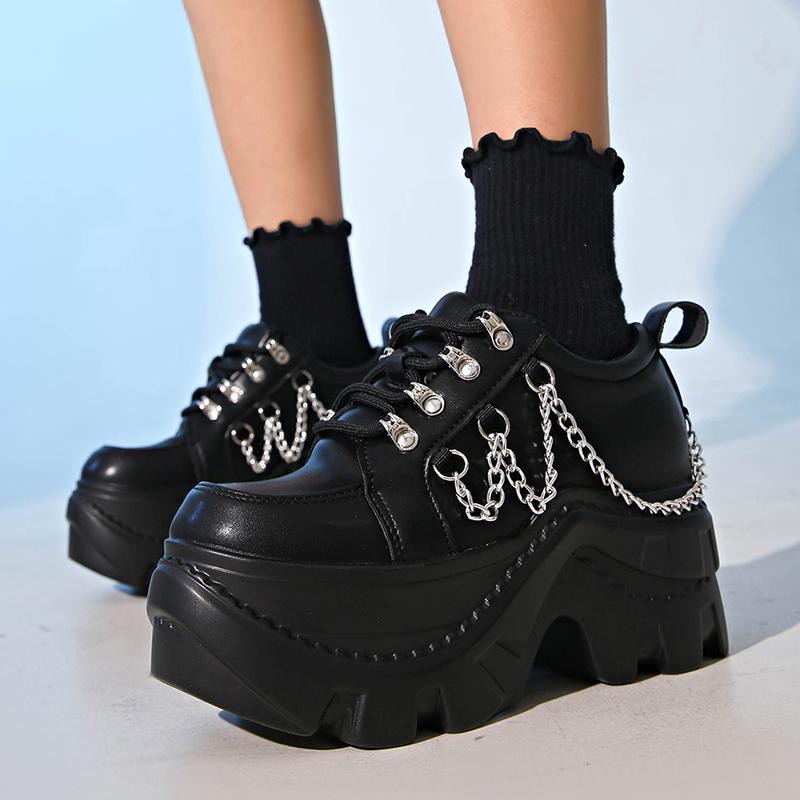 Fashion Gothic Punk Chunky Sneakers for Women Black Chain Decor Platform Sports Shoes Woman Thick Sole Non Slip Punk Sneakers Plus Size