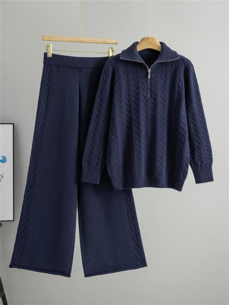 Women's Versatile Autumn/Winter Half-Zip Knit Top and Wide-Leg Pants Set
