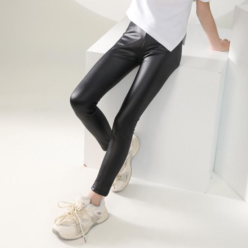 Spring Faux Leather PU Leggings For Kids Girls Slim Pencil Pants Elastic Waist Trouser Children