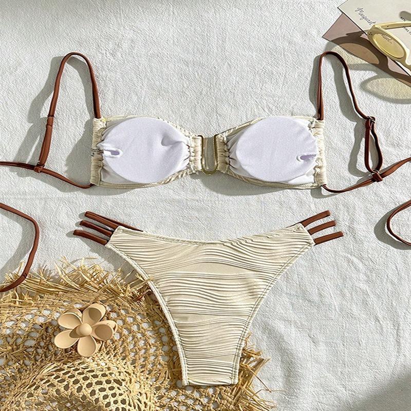 Women S Color Block Sexy Lace Up Bikini Set Beach Swimwear