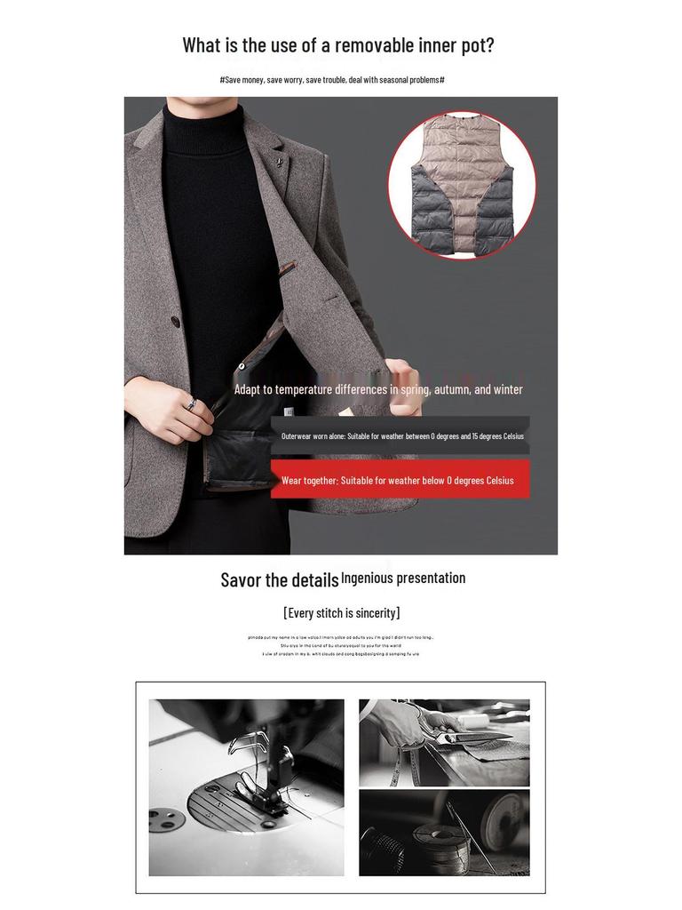 Men's Wool Suit with Goose Down Liner - Fashionable Autumn/Winter Double-Sided Casual Overcoat for Young and Middle-Aged.