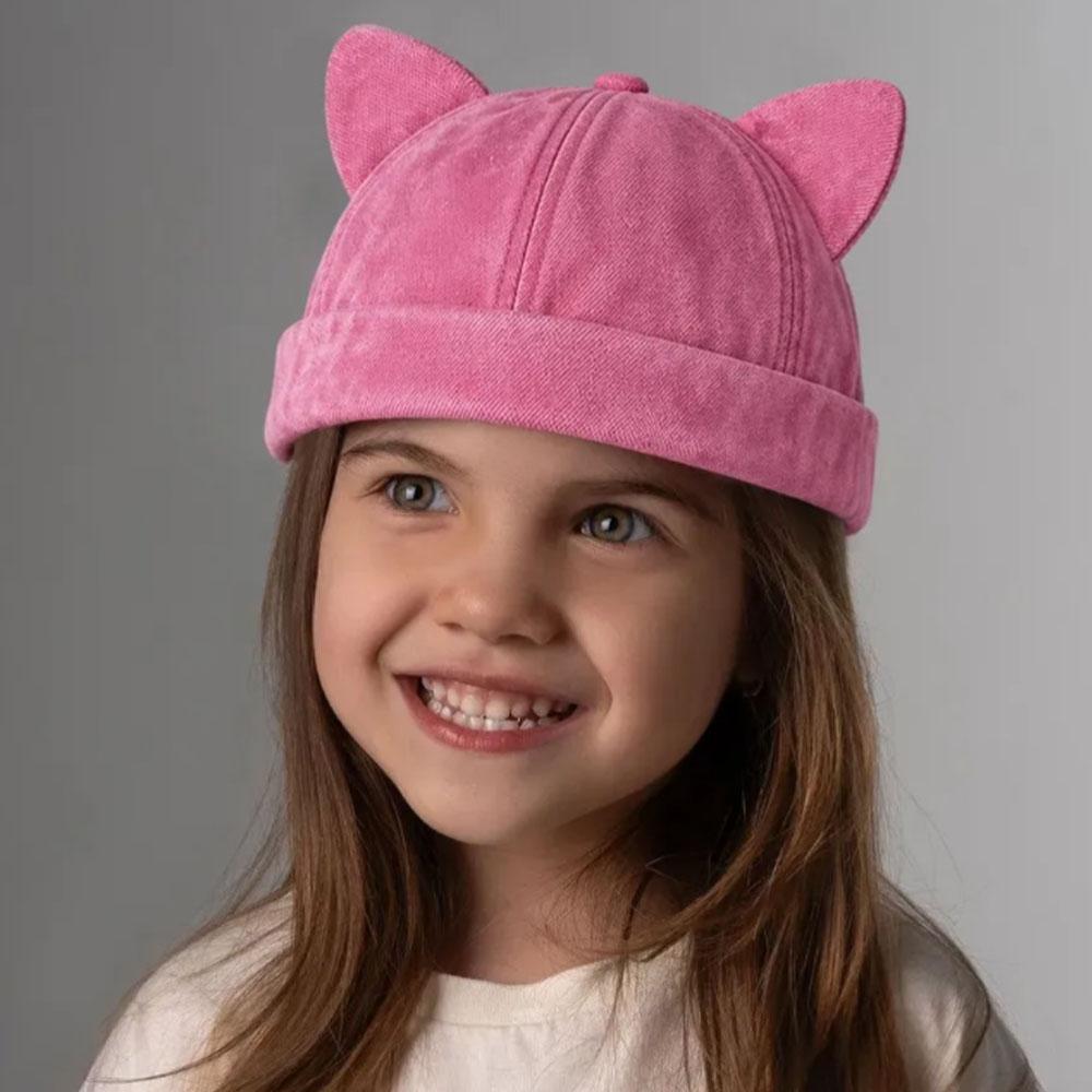Kids’ Denim Cat Ear Beanie Hat – Cute Rolled Cuff Casual Cap for Girls and Boys розовый